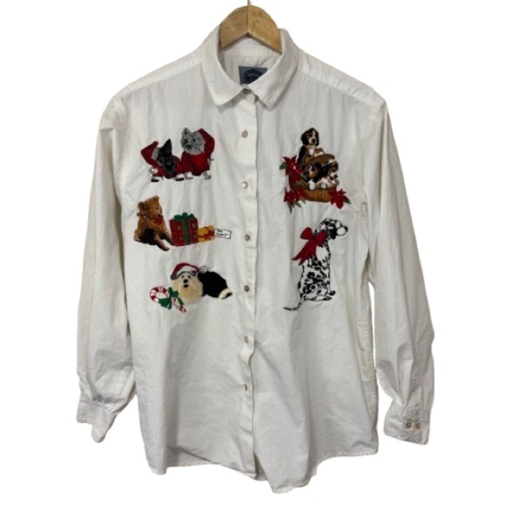 Cambridge Dry Goods Vintage Embroidered Christmas Dog Button Down Shirt Size XL